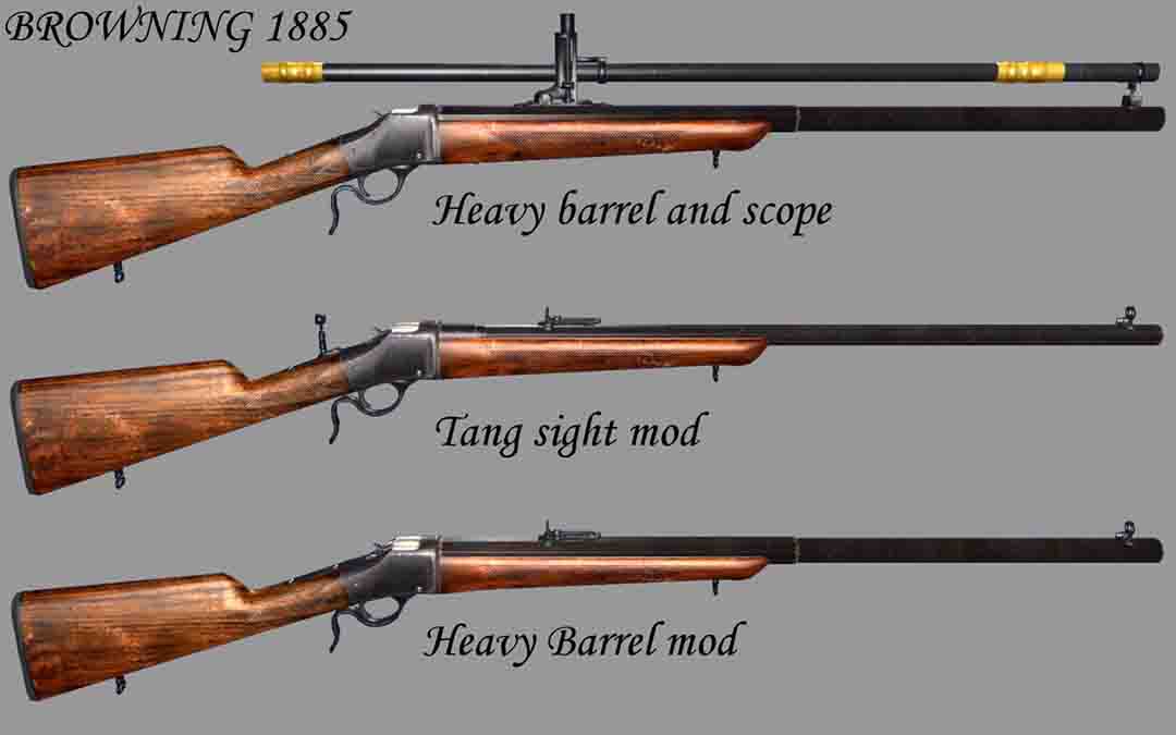 This was an ad that Browning used to show the many variations that could be had with his 1885 Single Shot. No matter the gun, be it rifle or shotgun, they always had the shooter in mind for fit and comfort shooting.